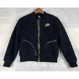 Nike Girl's Youth Full‎ Zip Jacket Sherpa Size Large Black Gold Loose Fit Warm